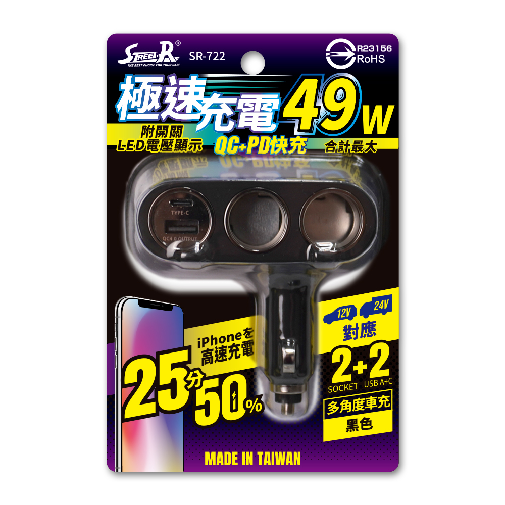 【STREET-R】SR-722 49W極速(QC＋PD)＋雙孔多角度車充-直插式 黑(開關電顯)